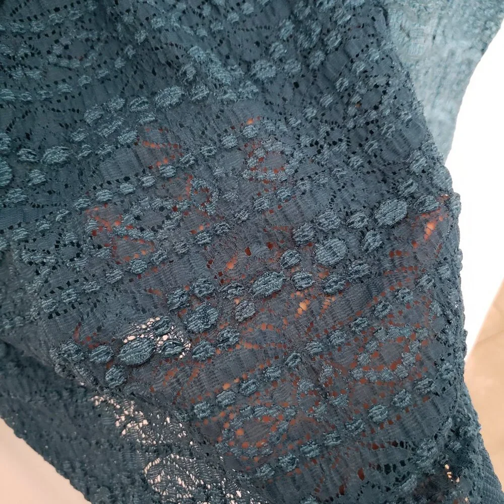 Woman Blue Teal See Through Unique Design Pattern Short Sleeve Blouse Top - Picture 7 of 10